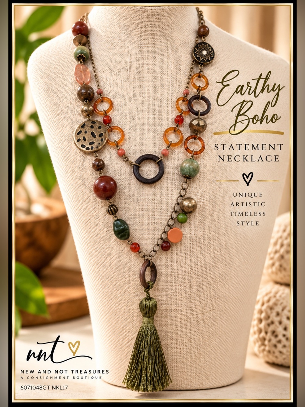 Earthy Boho Statement Necklace Mixed Beads Rings Tassel Long Layered Necklace